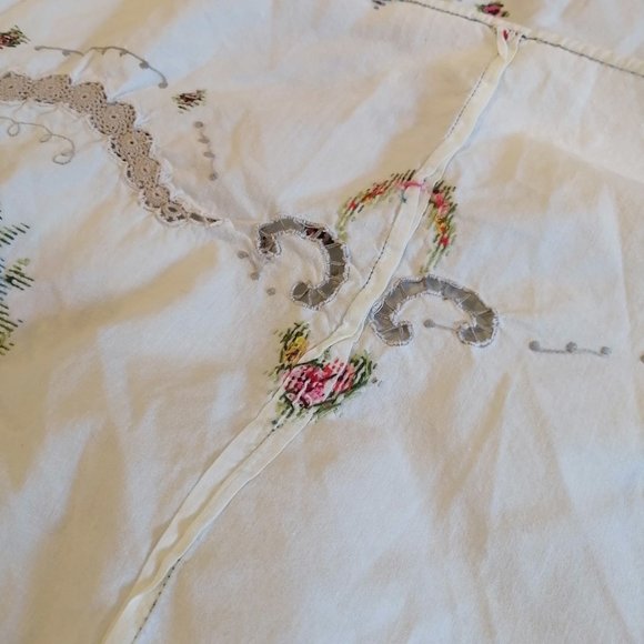 VTG Embroidered Floral Cross Stitch Crochet Tablecloth Hand Stitched Cut Work - Picture 12 of 16